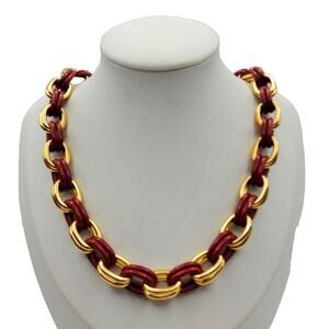 Bold Thick Chain Necklace Double Link Maroon Red Gold Tone 21" Retro Y2K 90s